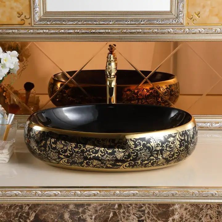 High Quality Luxury Modern Oval Art Basin Ceramic Gold Black Bathroom Sink Counter Top Hand Wash Basin