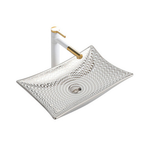 Luxury Golden Color Artistic Fancy Wash Basin Silver Hotel Ceramic Rectangular Bathroom Vessel Sink