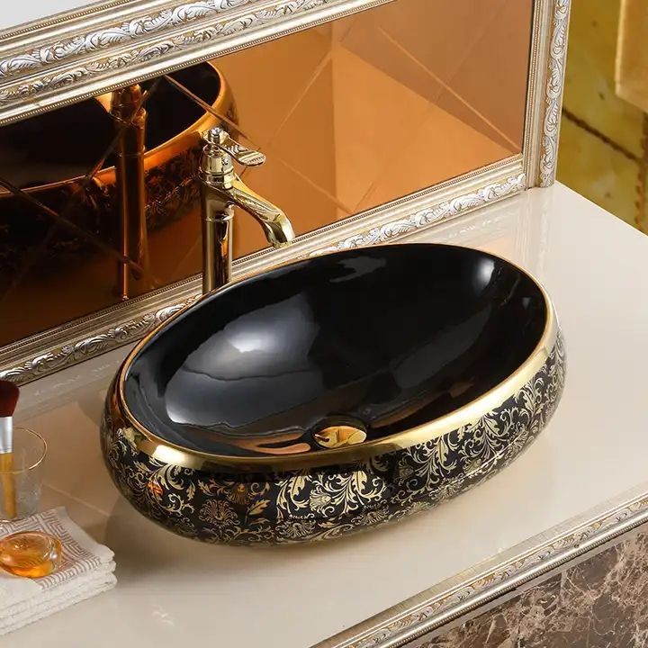 High Quality Luxury Modern Oval Art Basin Ceramic Gold Black Bathroom Sink Counter Top Hand Wash Basin