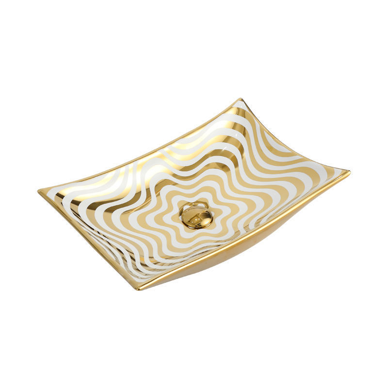 Luxury Golden Color Artistic Fancy Wash Basin Silver Hotel Ceramic Rectangular Bathroom Vessel Sink