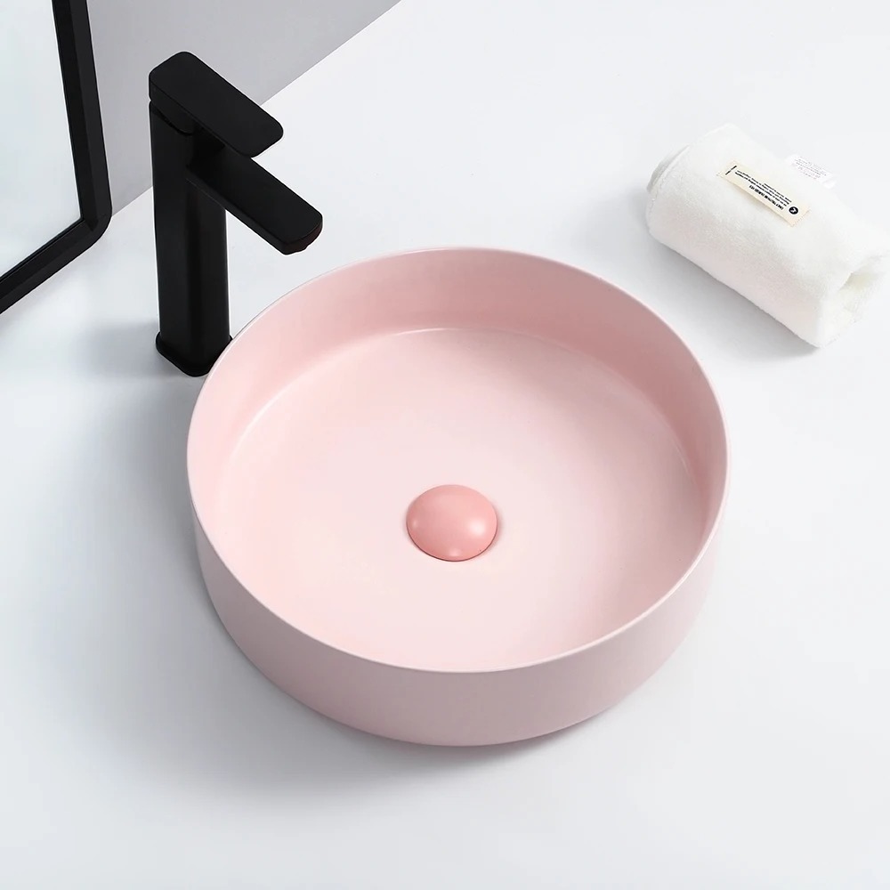 China Bathroom Basin Factory Direct Sales Ceramic Ellipse Basin Countertop Sinks Pink Basin Bathroom Sink