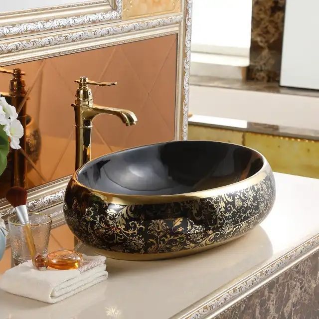 High Quality Luxury Modern Oval Art Basin Ceramic Gold Black Bathroom Sink Counter Top Hand Wash Basin