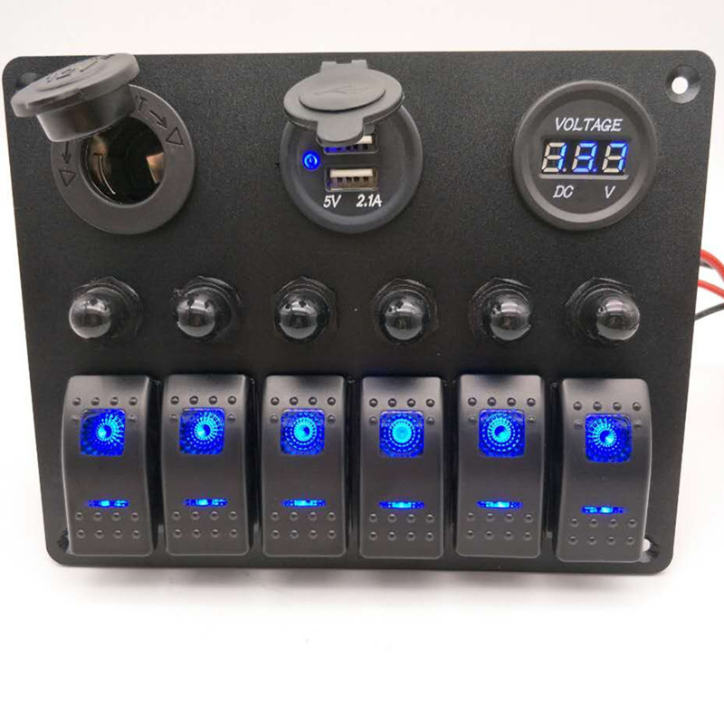 Good Quality 6 Gang ON Off 12-24v Rocker Switch Panel with Voltmeter Dual USB Charger Cigarette Lighter Socket For RV Truck Boat