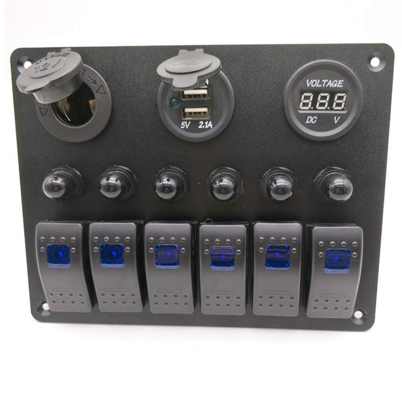 Good Quality 6 Gang ON Off 12-24v Rocker Switch Panel with Voltmeter Dual USB Charger Cigarette Lighter Socket For RV Truck Boat