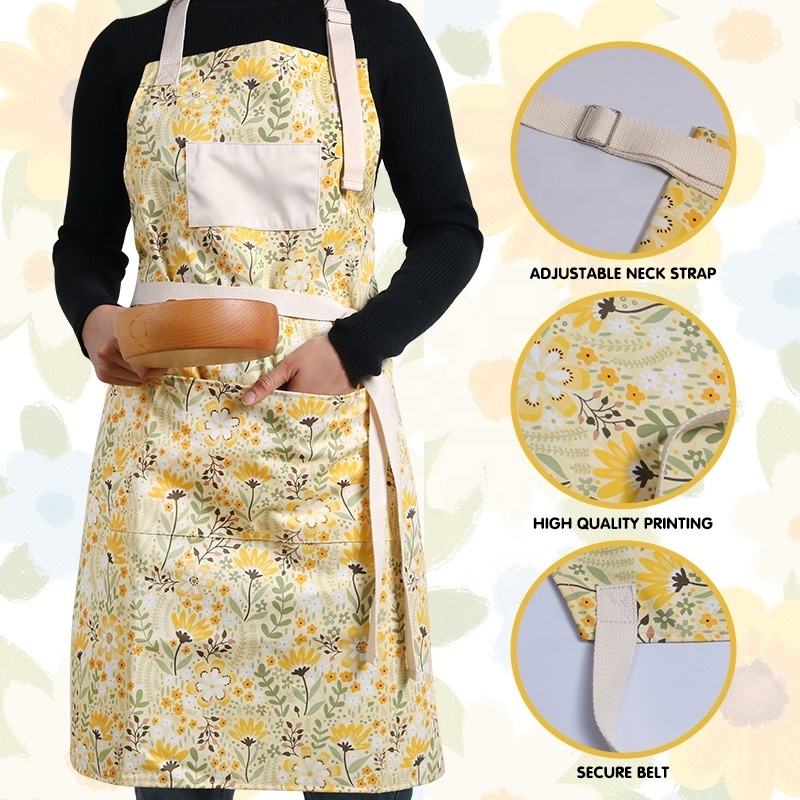 CHANGRONG Wholesale Custom Print Logo Women 2 Pocket Adjustable Cotton Polyester Bib Kitchen Apron