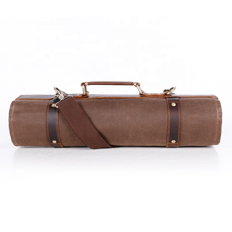 CHANGRONG Custom Foldable brown  Waxed Canvas chef cooking knife tool roll bag