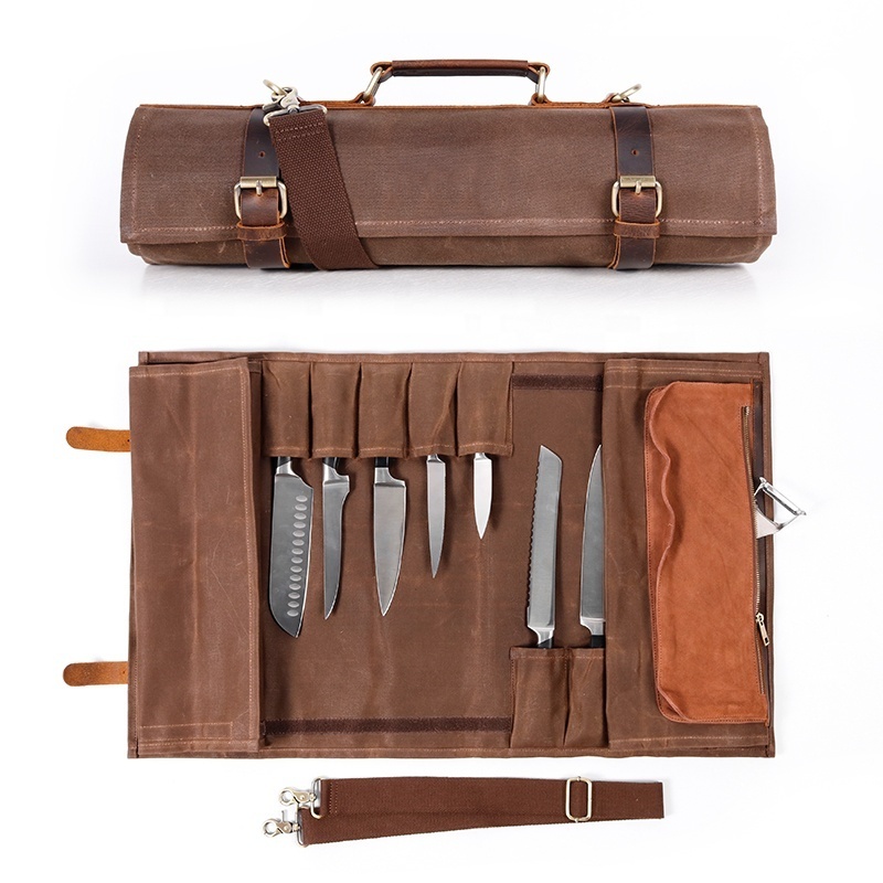 CHANGRONG Custom Foldable brown  Waxed Canvas chef cooking knife tool roll bag