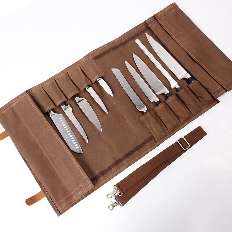 CHANGRONG Custom Foldable brown  Waxed Canvas chef cooking knife tool roll bag