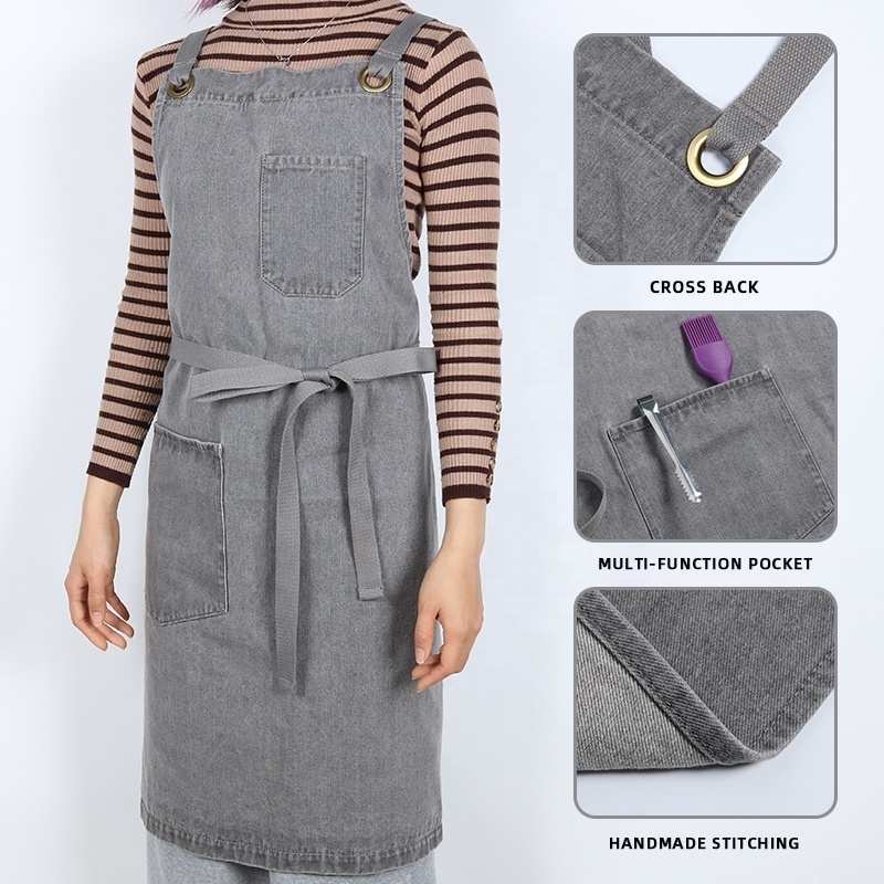 CHANGRONG Custom Unisex adjustable multi pocket denim apron for Chef Kitchen BBQ