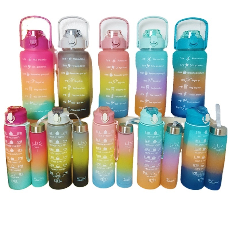 3-piece Cup Set Gradient Plastic Water Cup Men's and Women's Sports Kettle Bounce Cap Rainbow Water Bottles