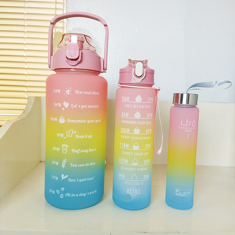 3-piece Cup Set Gradient Plastic Water Cup Men's and Women's Sports Kettle Bounce Cap Rainbow Water Bottles