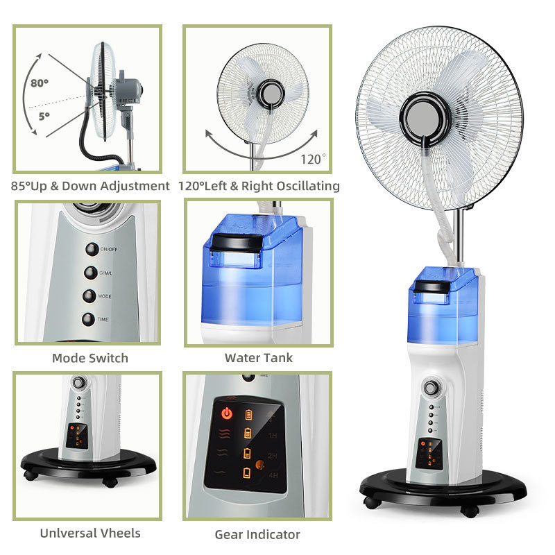 Changrong 16 inch solar rechargeable mist fan standing cooling air fan with LED night light and water tank