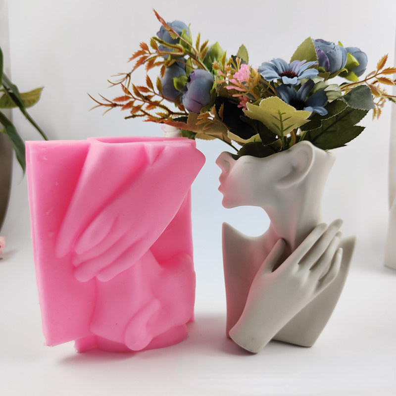 3D Face Vase Silicone Mold Female Body Bust Pot Mould Pen Holder Cement Concrete Casting Planter Mold