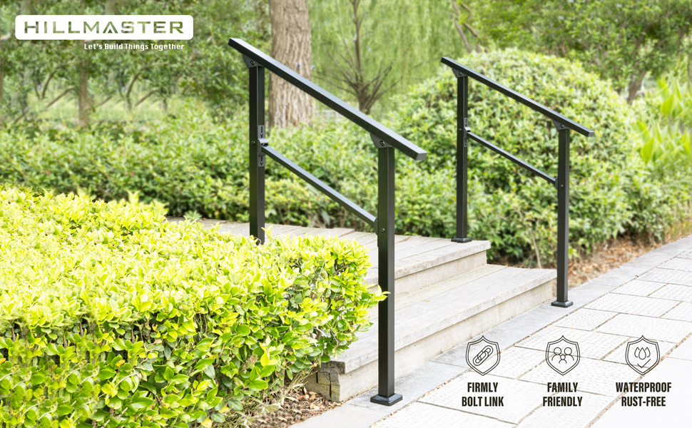 HILLMASTER HandRails for Outdoor Steps 2 Steps Stair Railing Black Wrought Iron Staircase Handrail Kit for Concrete Steps