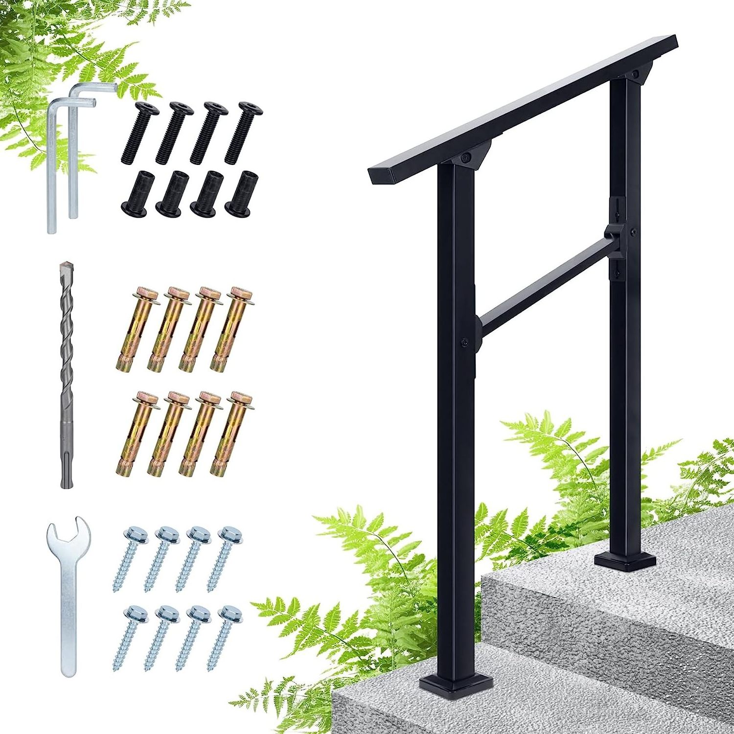 HILLMASTER HandRails for Outdoor Steps 2 Steps Stair Railing Black Wrought Iron Staircase Handrail Kit for Concrete Steps