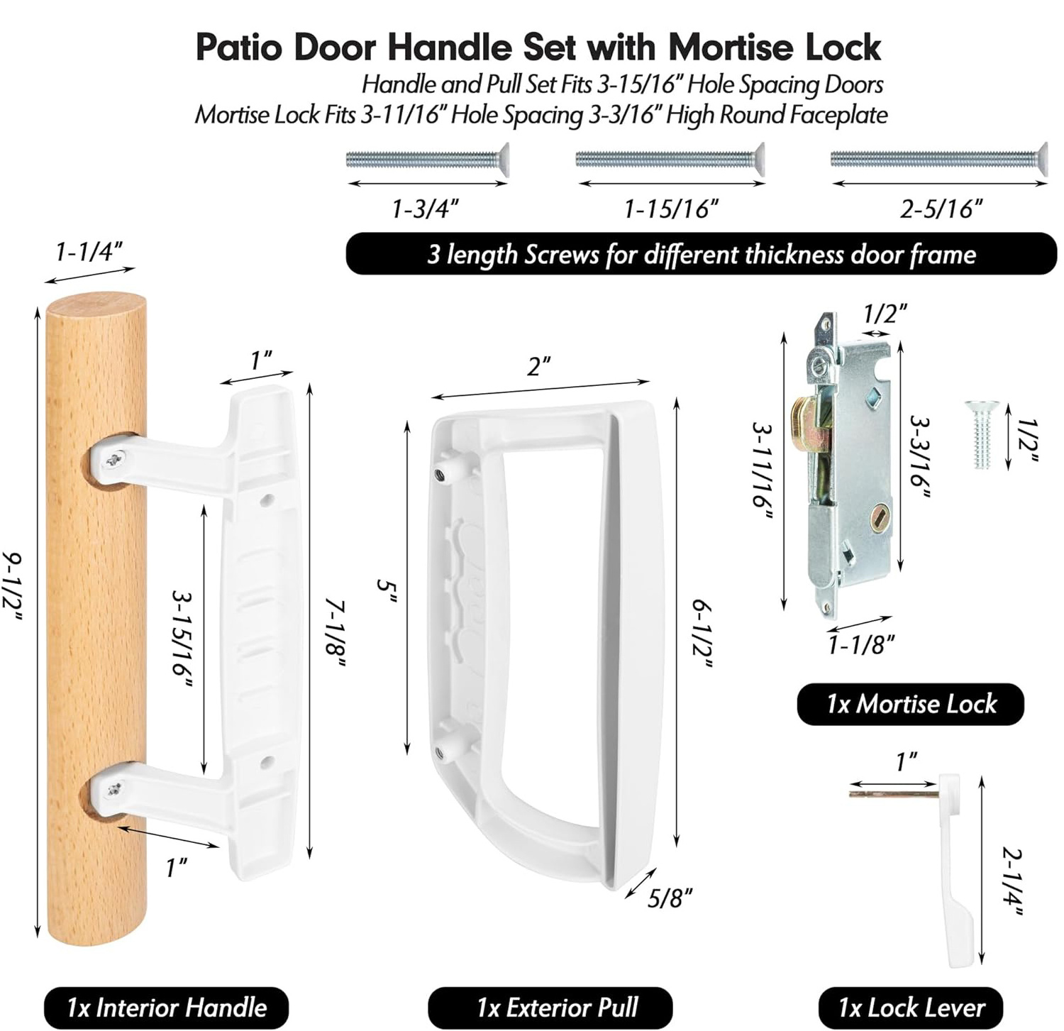 Sliding Patio Door Handle Set with Mortise Lock Replacement Oak Wood Flush Handle & Exterior Pull in Diecast for Glass Door