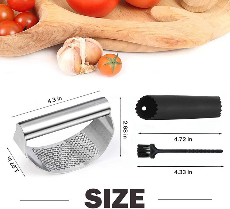 Premium Quality Stainless steel Wholesale Manual Handle Garlic Press Rocker Silicone Garlic Peeler Tube and Cleaning Brush