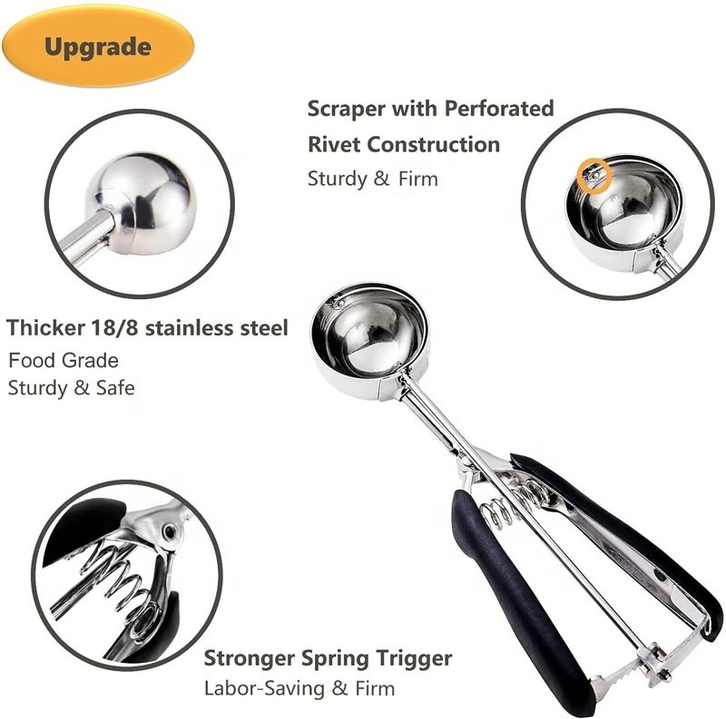 18/8 Stainless Steel 3Pcs Ice Cream Scoop, Cookie Scoops Ice Cream Scooper with Trigger Release for Baking Set