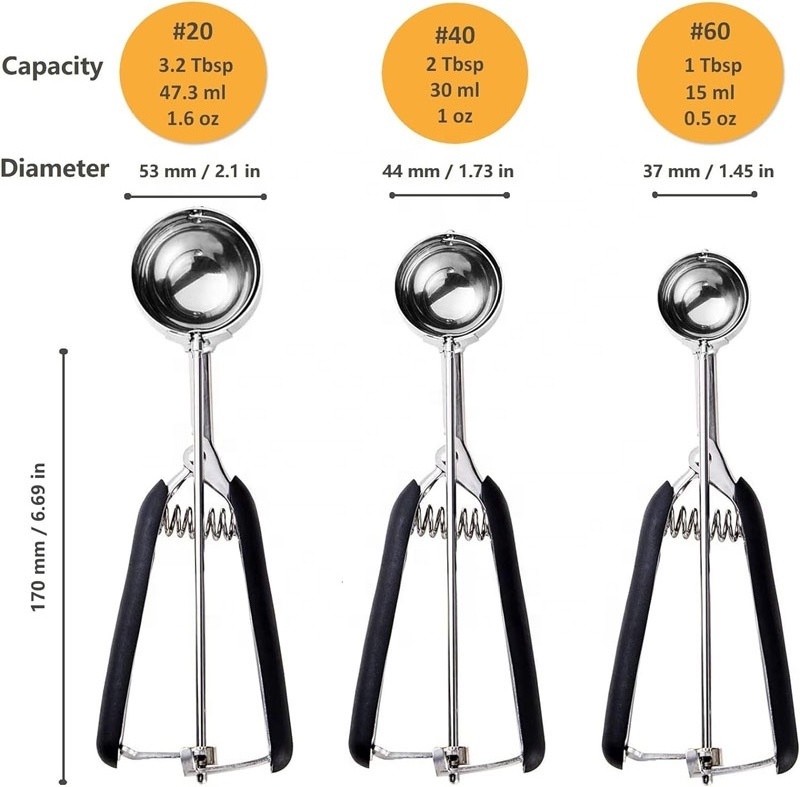 18/8 Stainless Steel 3Pcs Ice Cream Scoop, Cookie Scoops Ice Cream Scooper with Trigger Release for Baking Set