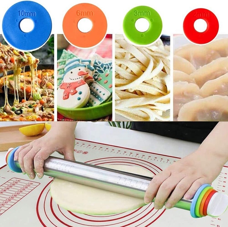 Rolling Pin and Silicone Baking Pastry Mat Set Stainless Steel Dough Roller with Adjustable Thickness Rings for Baking Dough