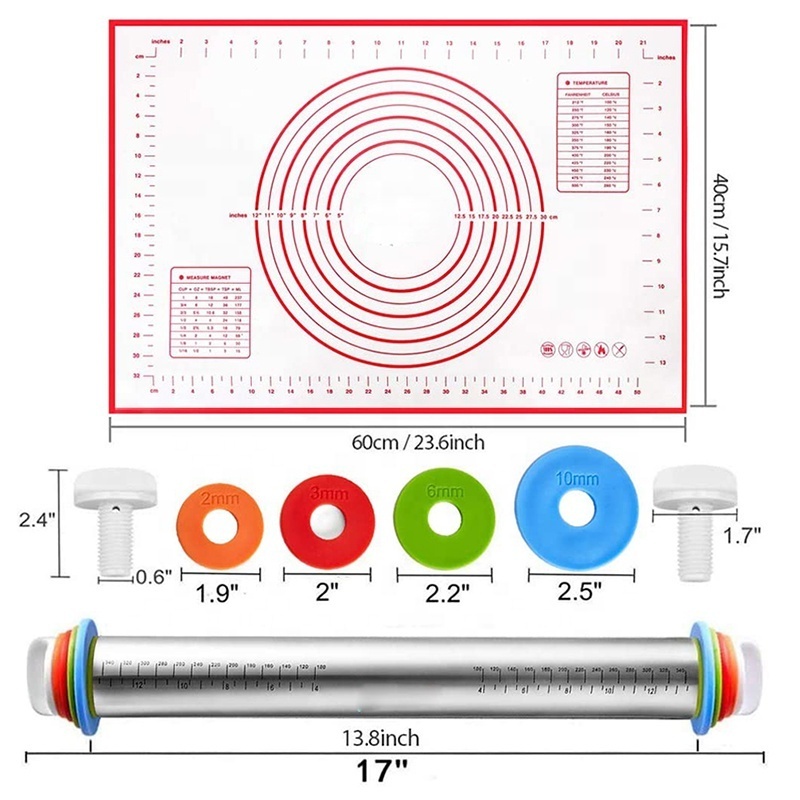 Rolling Pin and Silicone Baking Pastry Mat Set Stainless Steel Dough Roller with Adjustable Thickness Rings for Baking Dough