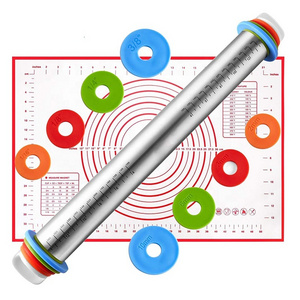Rolling Pin and Silicone Baking Pastry Mat Set Stainless Steel Dough Roller with Adjustable Thickness Rings for Baking Dough