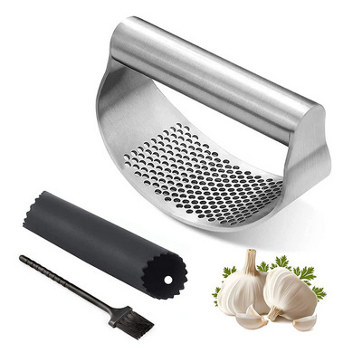 Premium Quality Stainless steel Wholesale Manual Handle Garlic Press Rocker Silicone Garlic Peeler Tube and Cleaning Brush