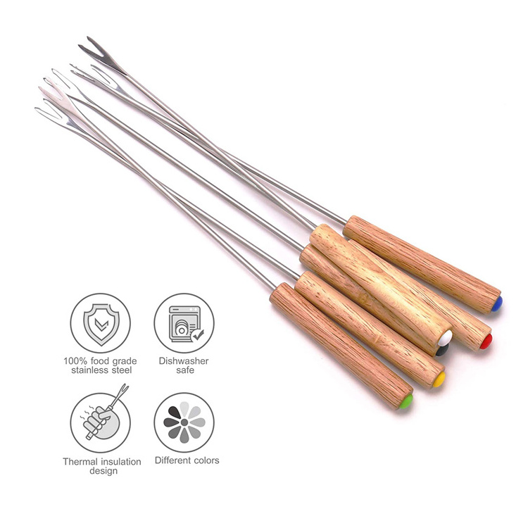 Set of 6 Stainless Steel Fondue Forks Wood Handle Heat Resistant 9.5 Inches for Chocolate Fountain Cheese Fondue by Sago Brother