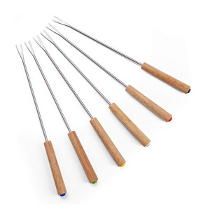 Set of 6 Stainless Steel Fondue Forks Wood Handle Heat Resistant 9.5 Inches for Chocolate Fountain Cheese Fondue by Sago Brother