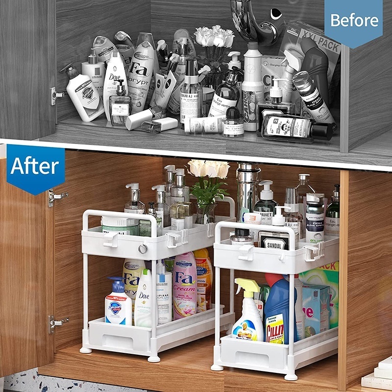 2-Tier Under Sink Organizer Under Bathroom Sink Cabinet Organizers Sliding Under Sink Storage Organization