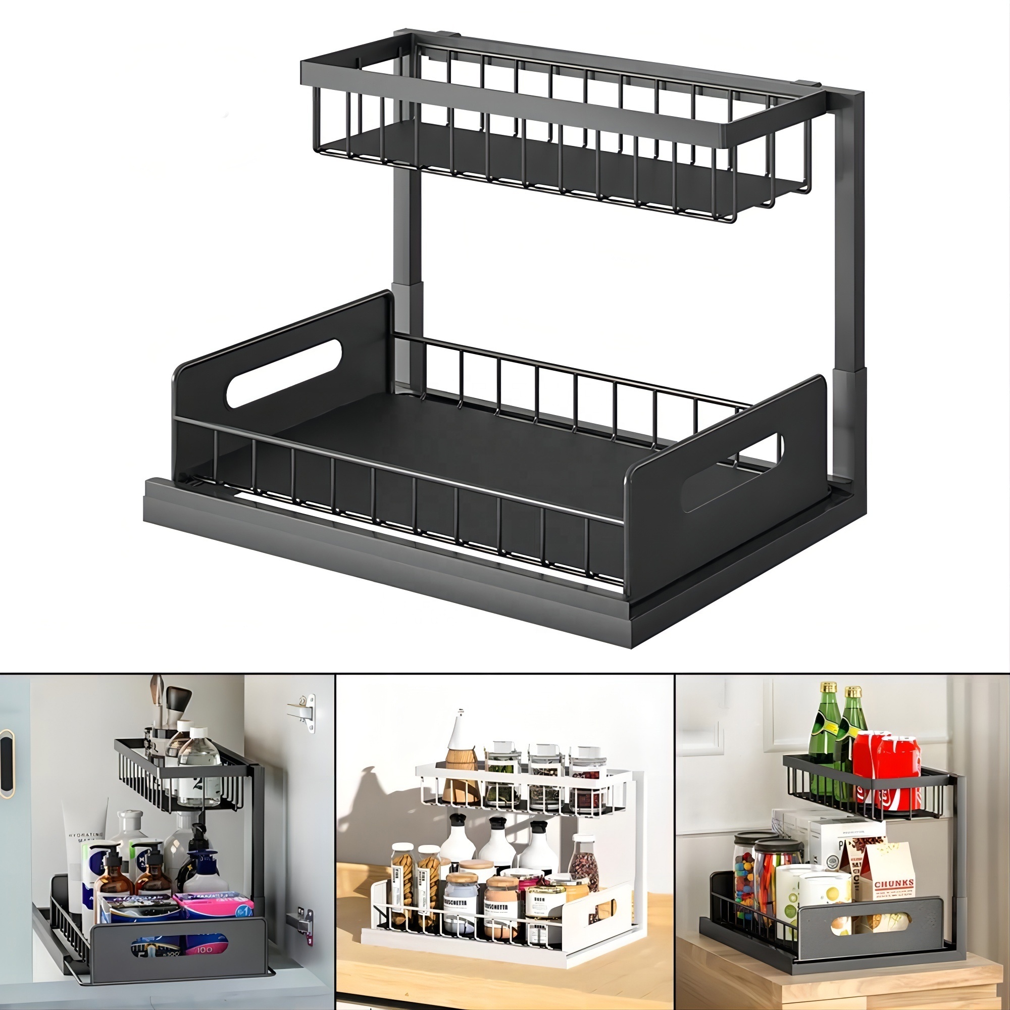 Factory Wholesale 2 Tier Under Sink Pull Out Cabinet Organizer Slide Wire Shelf Basket for Kitchen Base Cabinets