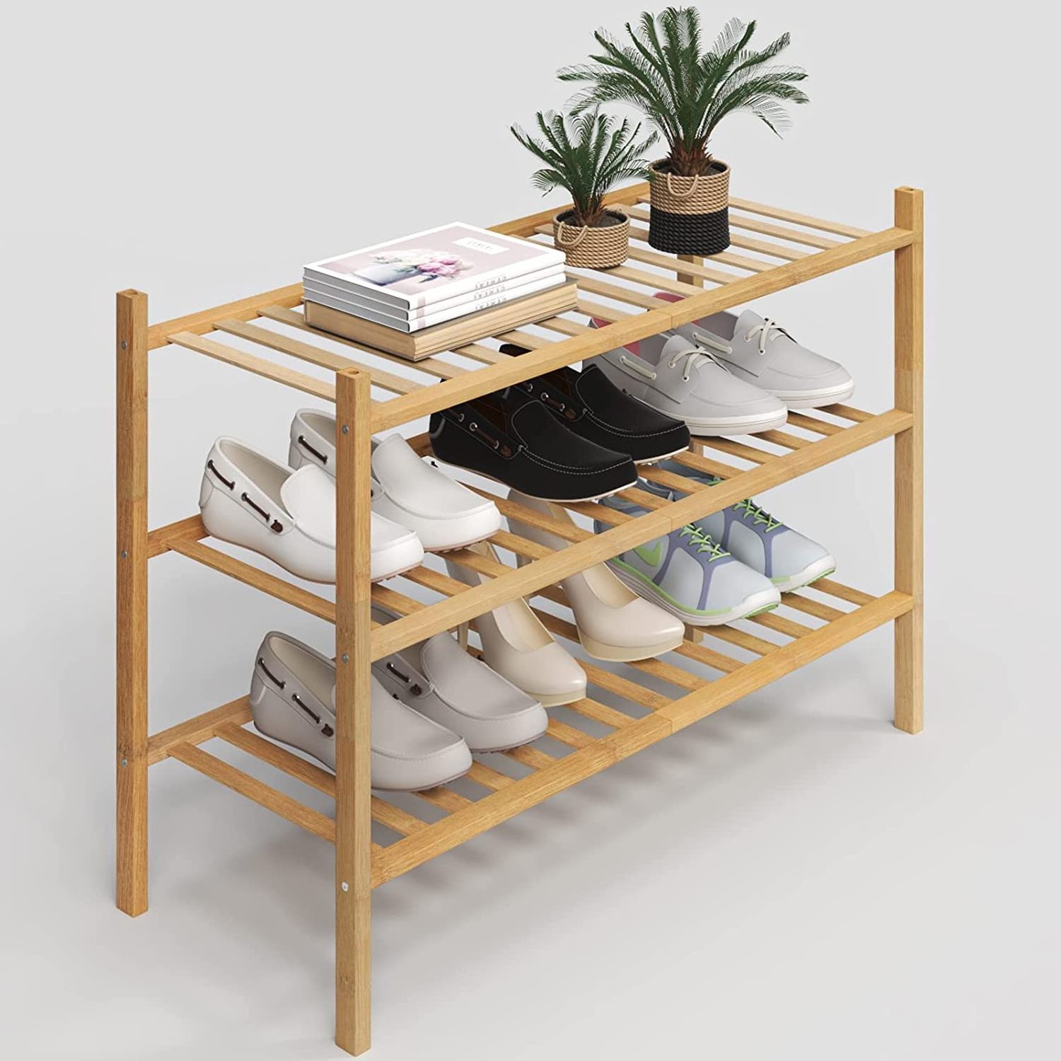 Bamboo Rack 3-tier Shoe Rack for Closet Stackable Shoes Rack Organizer Free Standing Shoe Shelf Home Furniture Customized Logo