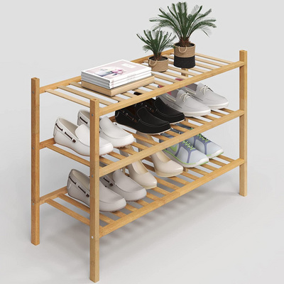 Bamboo Rack 3-tier Shoe Rack for Closet Stackable Shoes Rack Organizer Free Standing Shoe Shelf Home Furniture Customized Logo