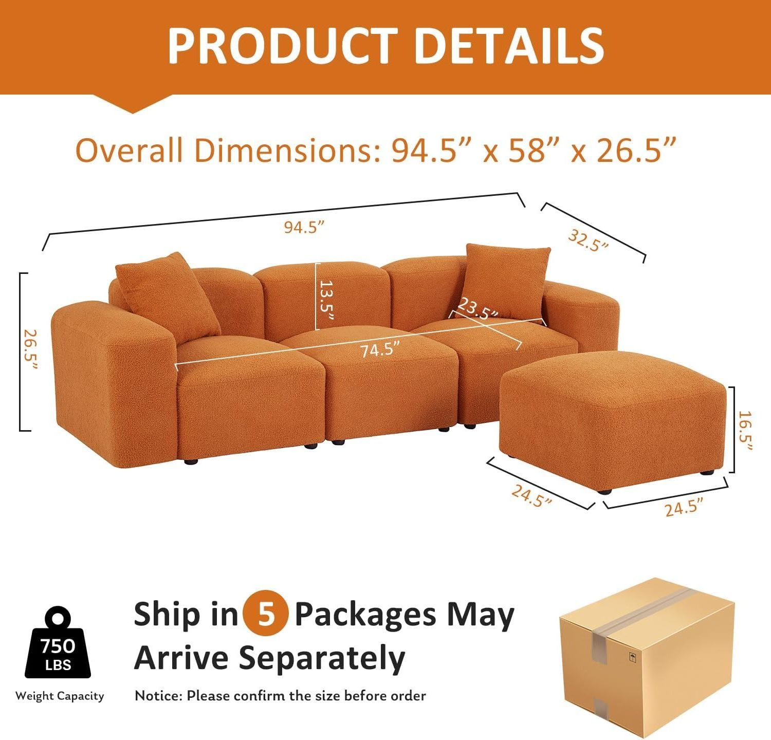 L-Shaped Sectional Sofa with Teddy Fabric Reversible Ottoman, Sherpa Futon Couch with 2 Pillows for Living Room