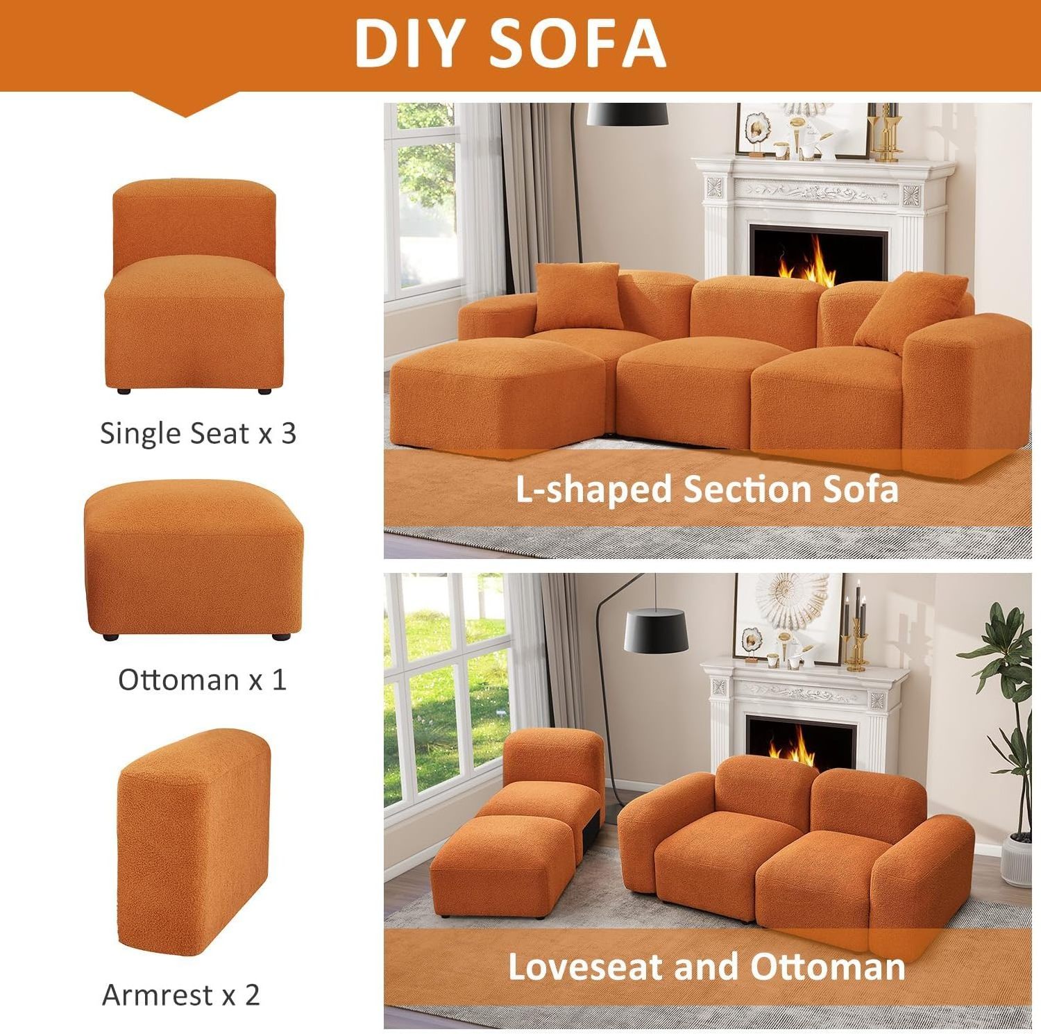 L-Shaped Sectional Sofa with Teddy Fabric Reversible Ottoman, Sherpa Futon Couch with 2 Pillows for Living Room