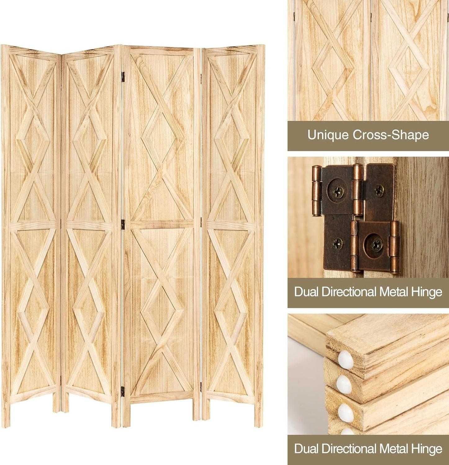 4 Panel Wood Room Divider,Rustic Folding Privacy Screens Room Divider