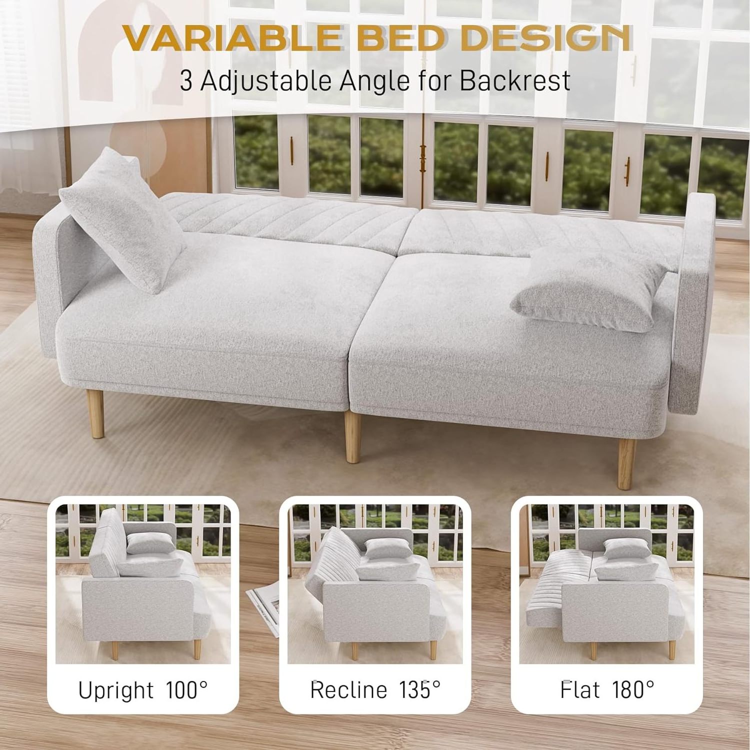 Convertible Sleeper Sofa with Wood Legs, 74.8