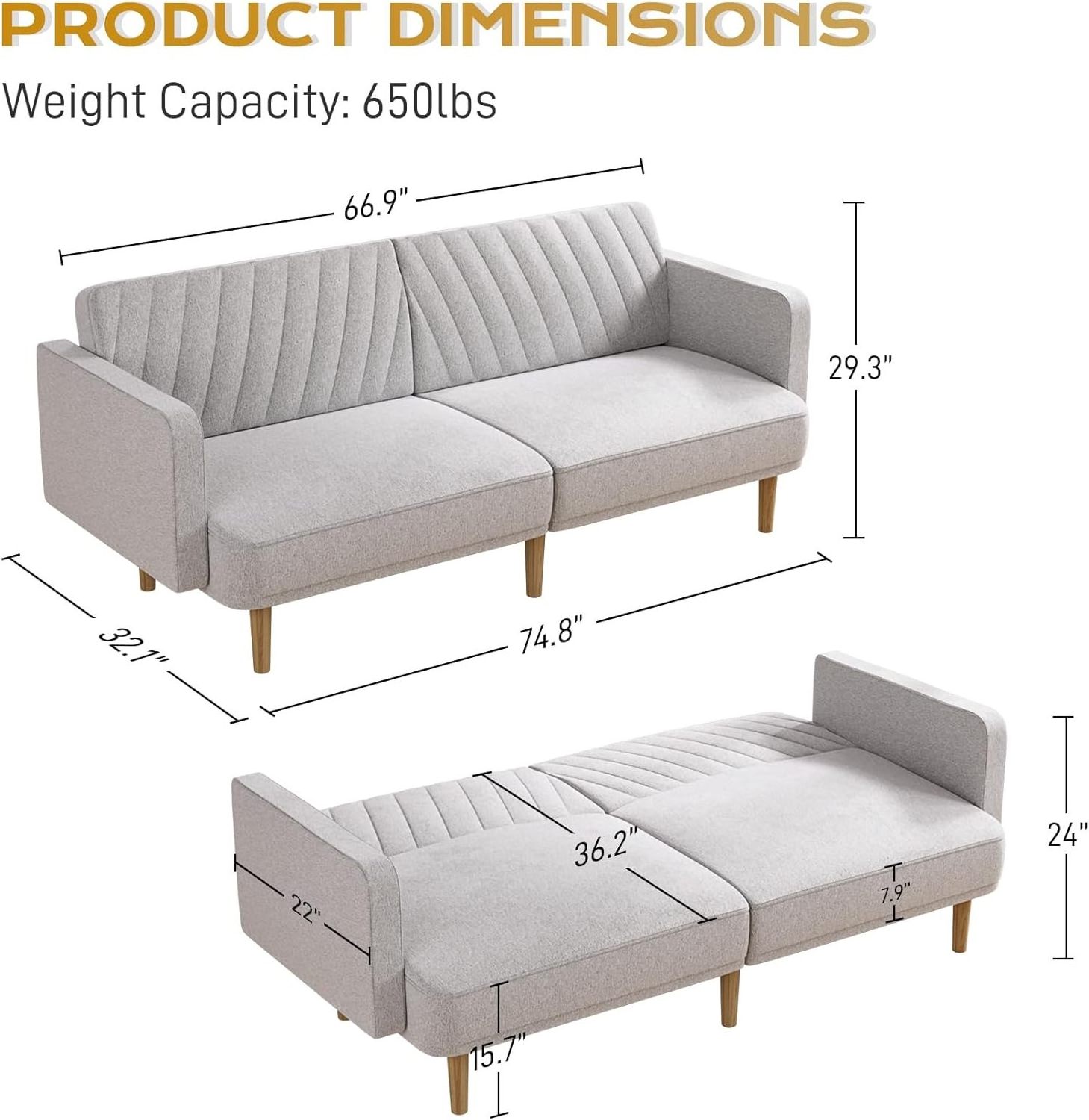 Convertible Sleeper Sofa with Wood Legs, 74.8