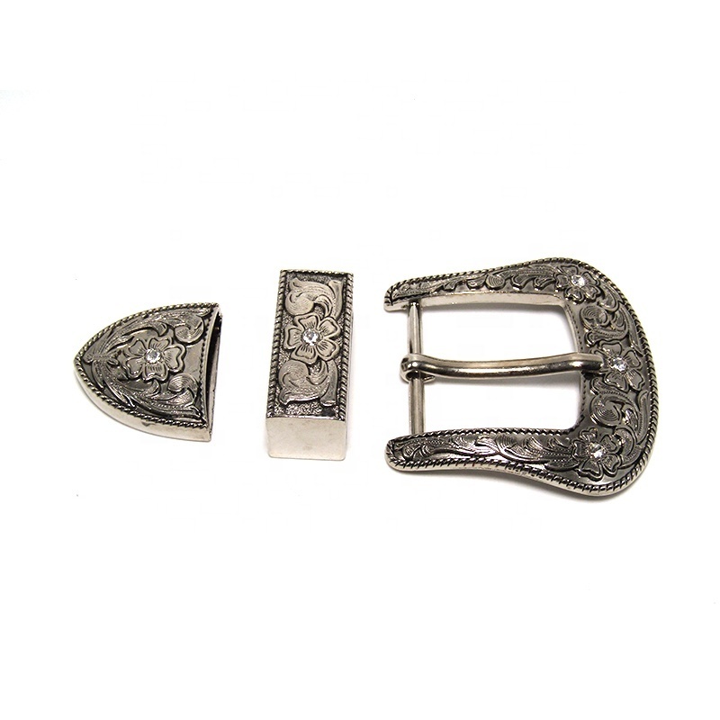 Vintage Silver End Bar Pin Buckle 3 Pcs Set Metal Zinc Alloy Western Cowboy Flower Rhinestone Belt Buckles 38mm For Men Belt