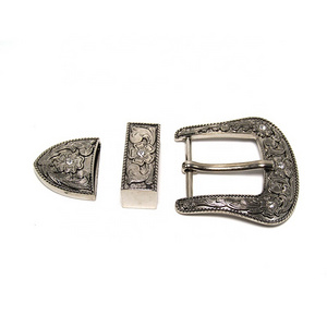 Vintage Silver End Bar Pin Buckle 3 Pcs Set Metal Zinc Alloy Western Cowboy Flower Rhinestone Belt Buckles 38mm For Men Belt