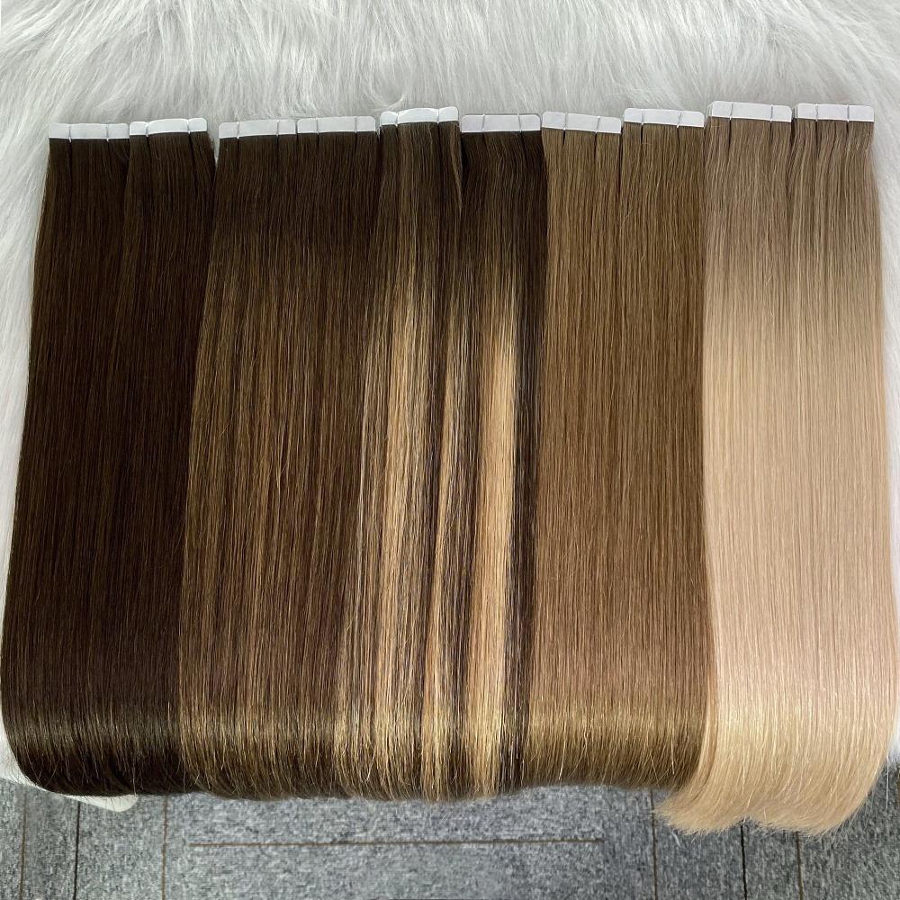 Salon Quality Russian Virgin Double Drawn Remy Cuitlce Ash Blonde Balayage Ombre Tape In Human Hair Extension