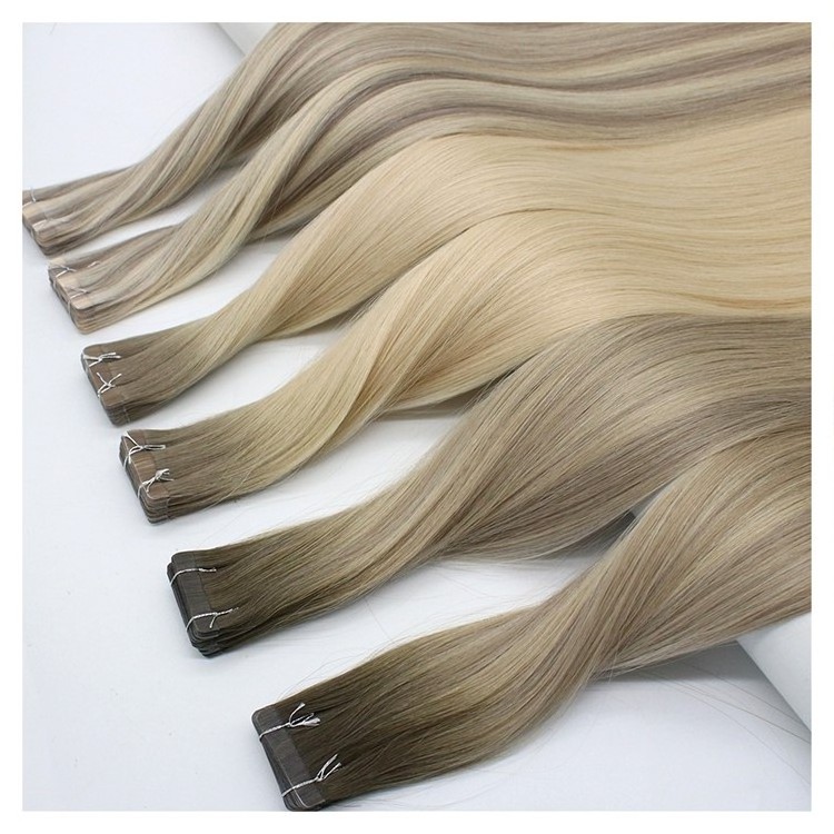 Salon Quality Russian Virgin Double Drawn Remy Cuitlce Ash Blonde Balayage Ombre Tape In Human Hair Extension