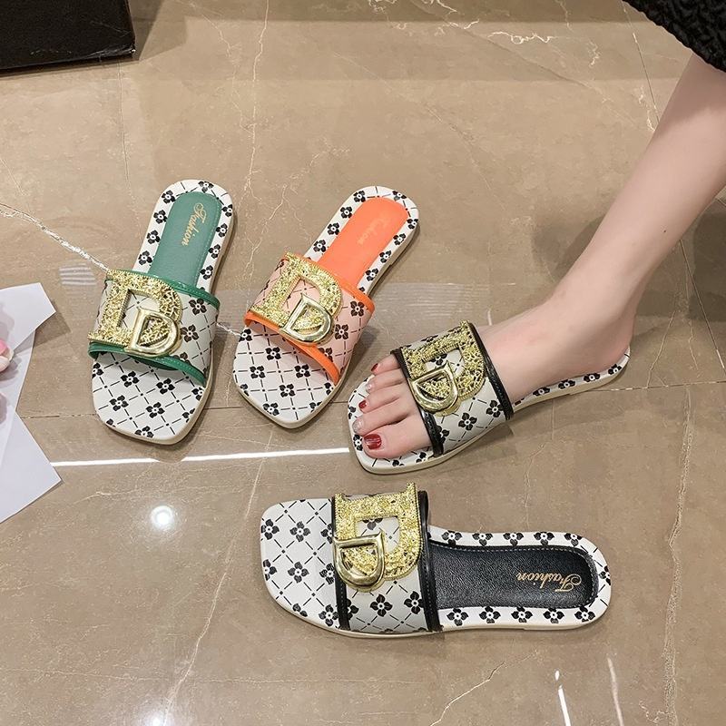 2024 Summer Pvc Eva Square Single Strap Printed Letter D Decoration Indoor Outdoor Women's Slippers Lady Sandals Flip Flops