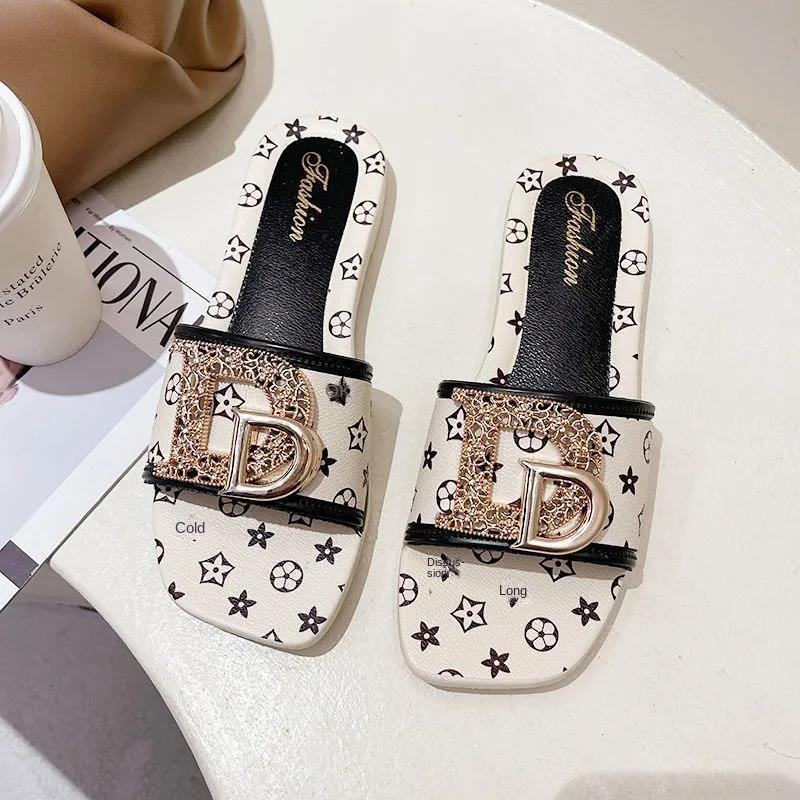 2024 Summer Pvc Eva Square Single Strap Printed Letter D Decoration Indoor Outdoor Women's Slippers Lady Sandals Flip Flops