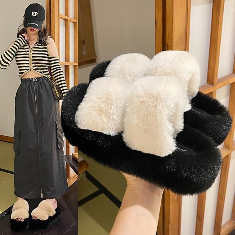 Fluffy Slippers Pvc Eva Thick Soled Flip Flops Plush Non Slip Warm Winter Open Toe Winter Slippers Home Slippers For Women