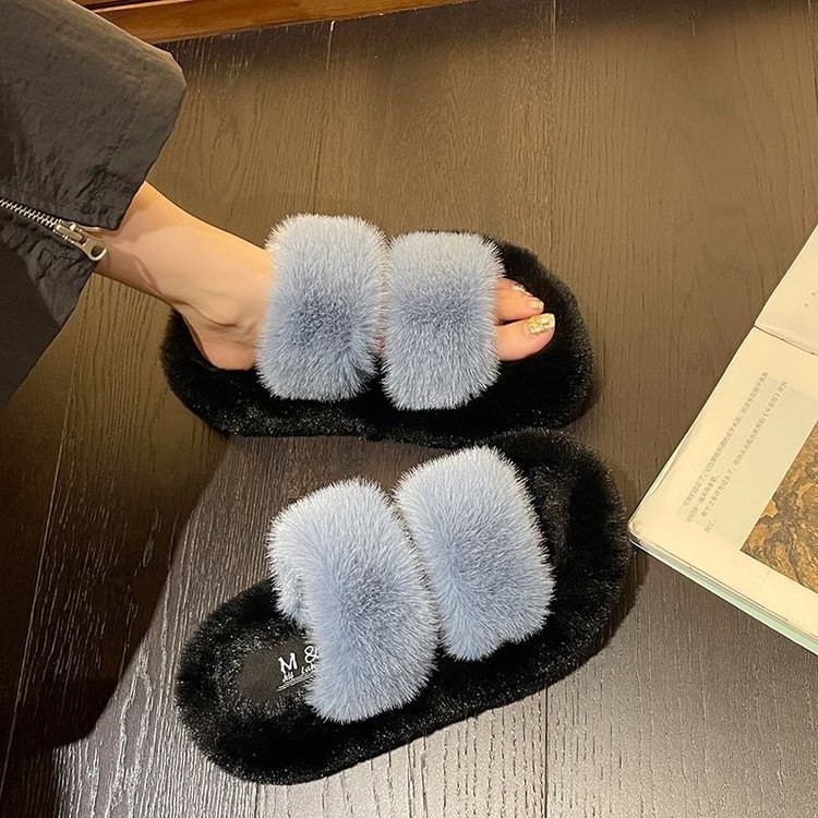 Fluffy Slippers Pvc Eva Thick Soled Flip Flops Plush Non Slip Warm Winter Open Toe Winter Slippers Home Slippers For Women