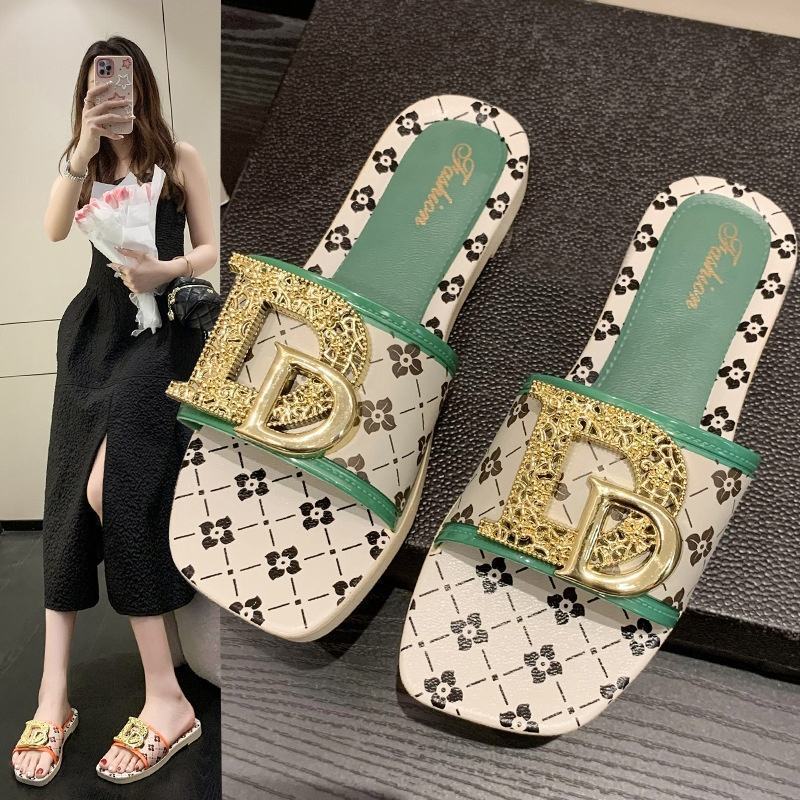 2024 Summer Pvc Eva Square Single Strap Printed Letter D Decoration Indoor Outdoor Women's Slippers Lady Sandals Flip Flops