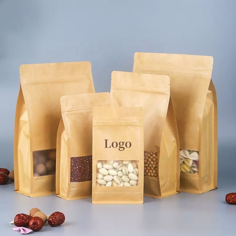 Custom Self-holding Zipper Eight Side Sealing Bag Food Sealing Pocket Packaging Date Snack Food Fruit Dry Bread Kraft Paper Bag