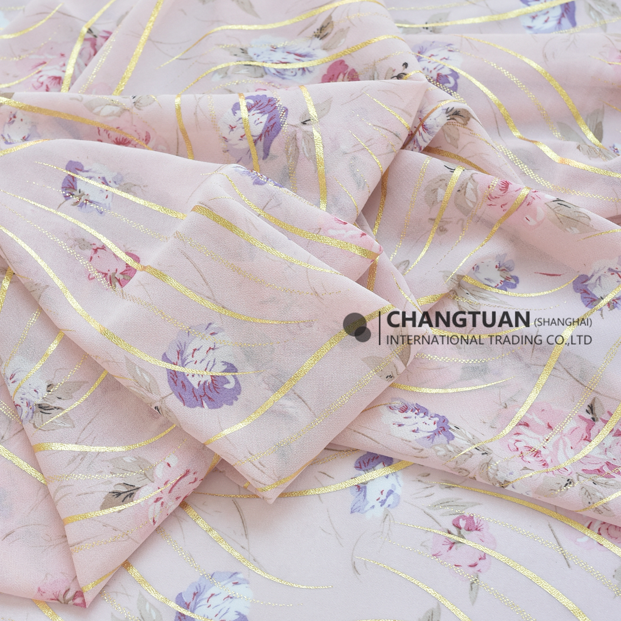 Wholesale Chiffon Fabric By Meters Shiny Golden Sheer Chiffon Fabric Floral Print Chiffon Fabric For Women Dress Clothing