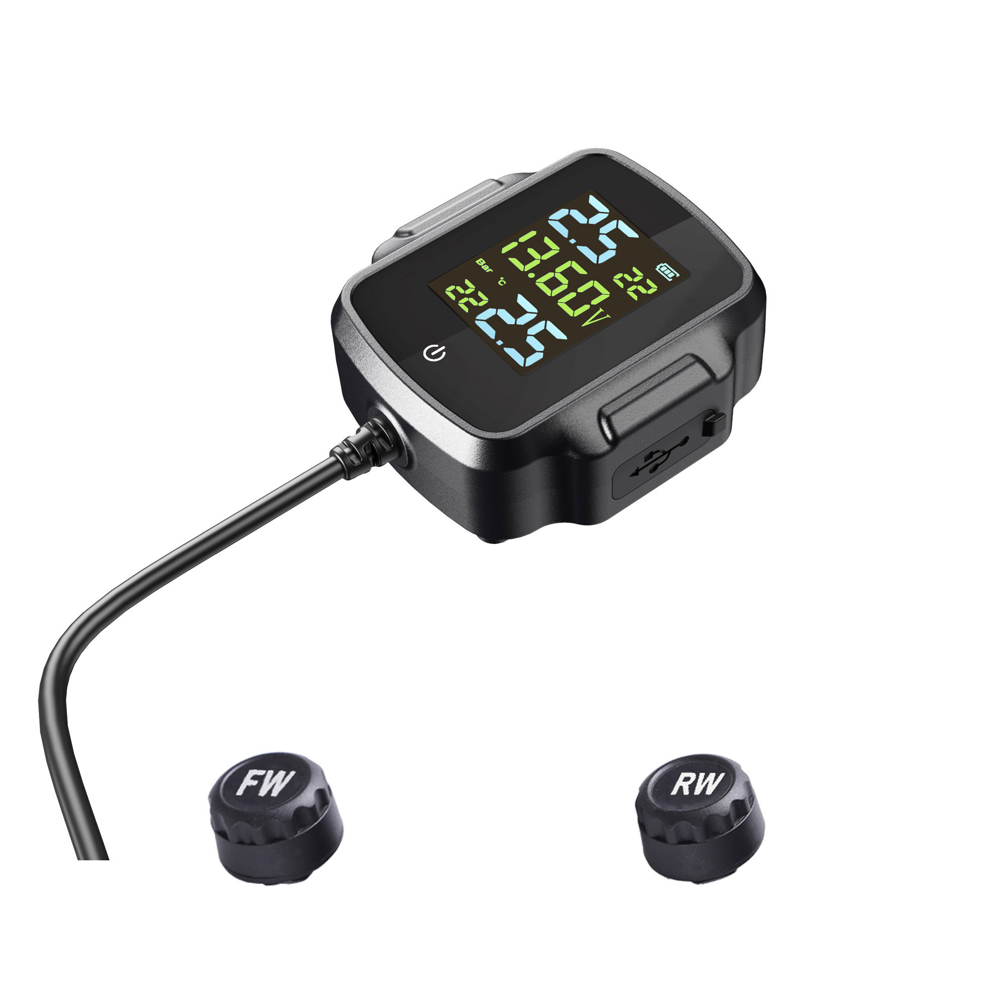 Motorcycle TPMS Sensor Motorbike Tire Pressure Tyre Temperature Monitoring Alarm System with 2 External Sensors